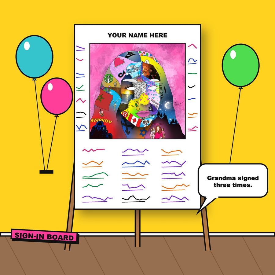 Party sign-in board on an easel with the portrait and guest signatures, surrounded by balloons