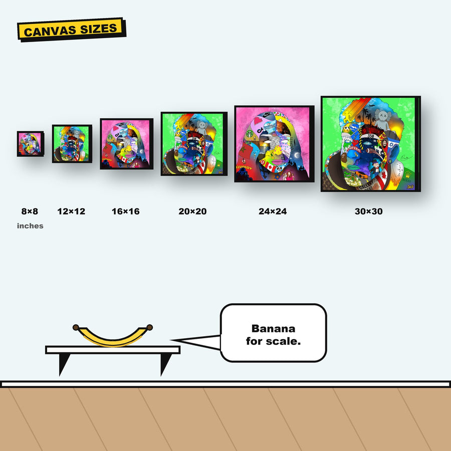 Canvas portraits in every size from 8×8 to 30×30 inches, side by side, with a banana for scale