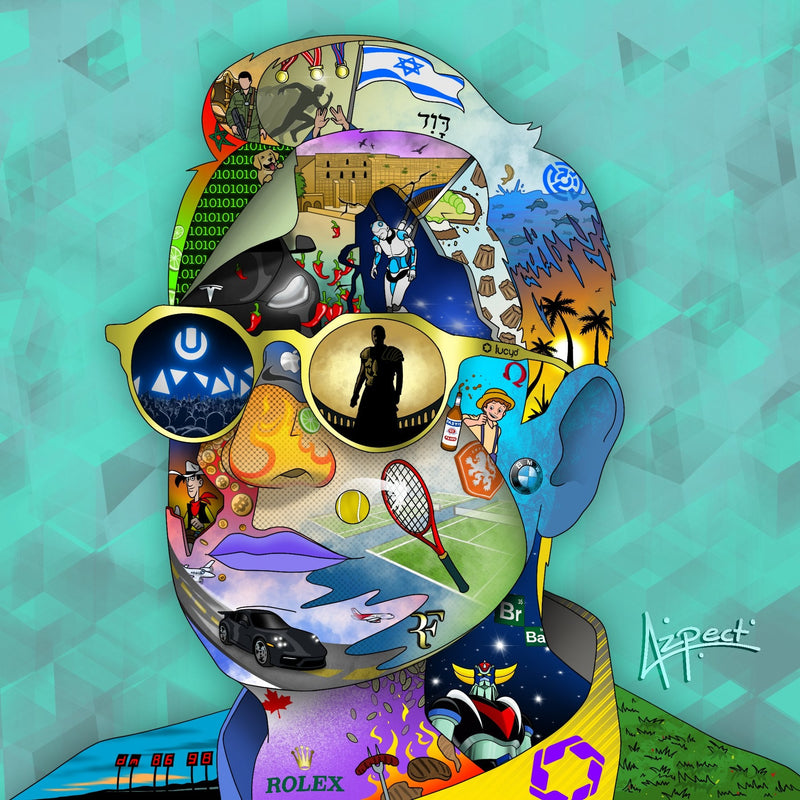 A hand-drawn Everything Portrait of a man filled with his interests