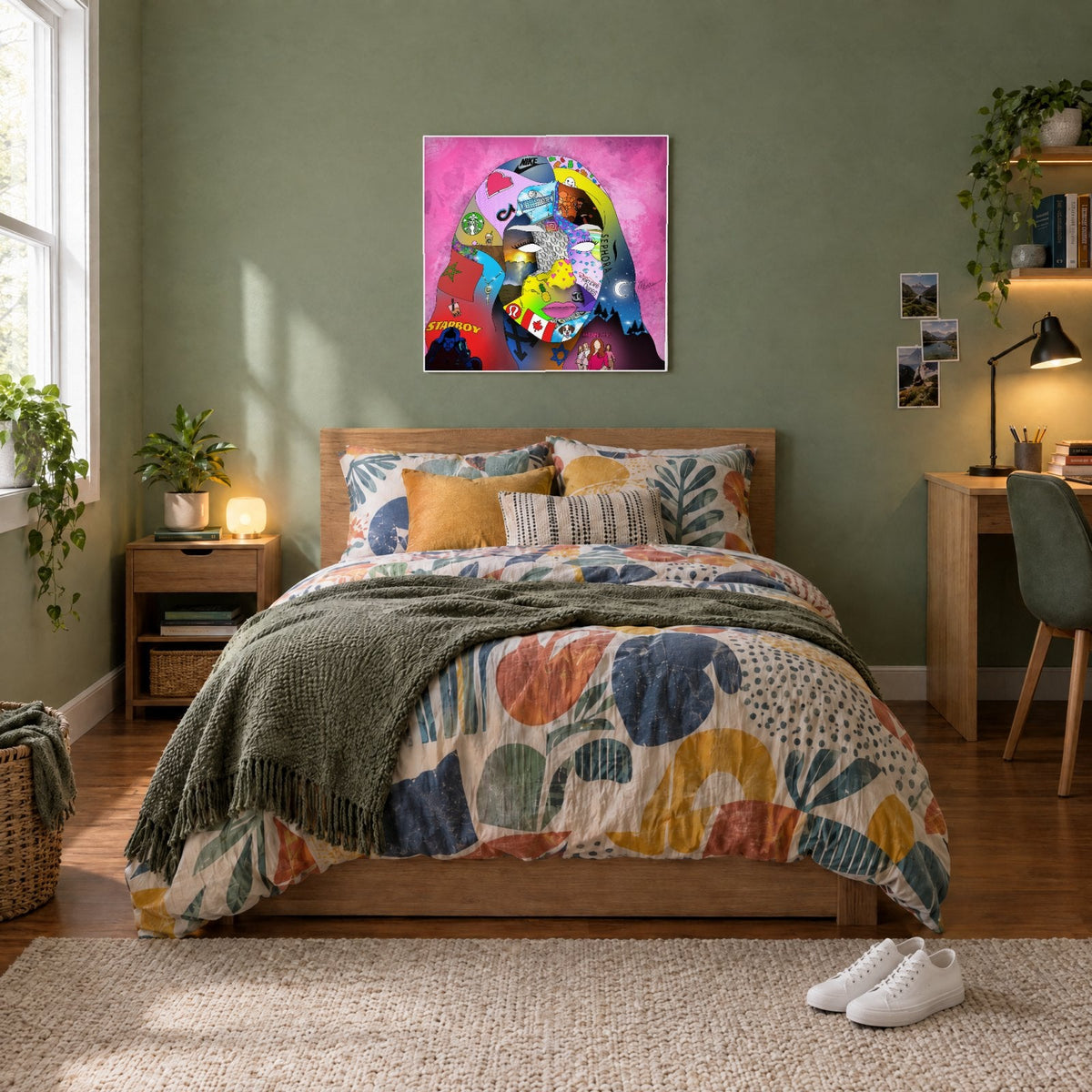 A hand-drawn Everything Portrait on a teen bedroom wall