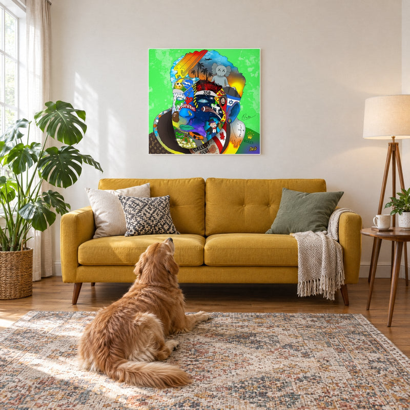 A hand-drawn portrait above a sofa in a living room