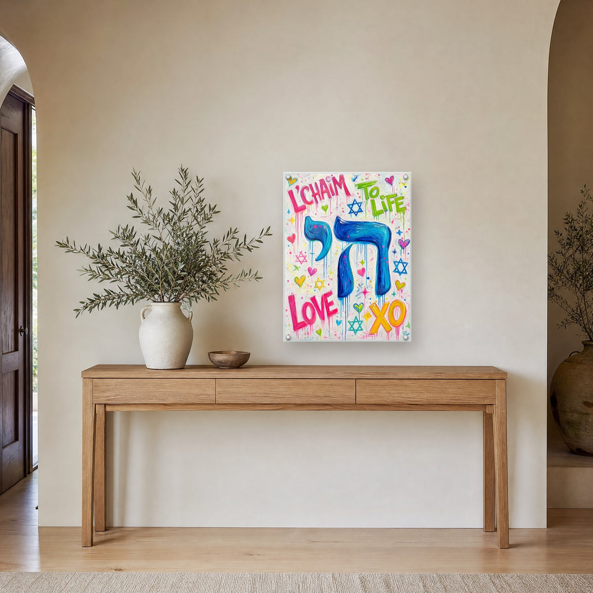 Printed on glossy clear acrylic, held off the wall by a polished steel standoff in each corner