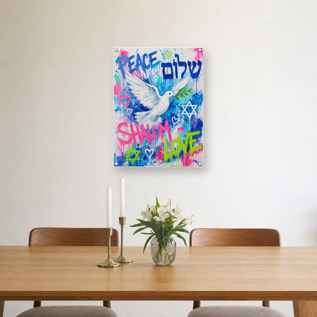 Printed on glossy clear acrylic, held off the wall by a polished steel standoff in each corner