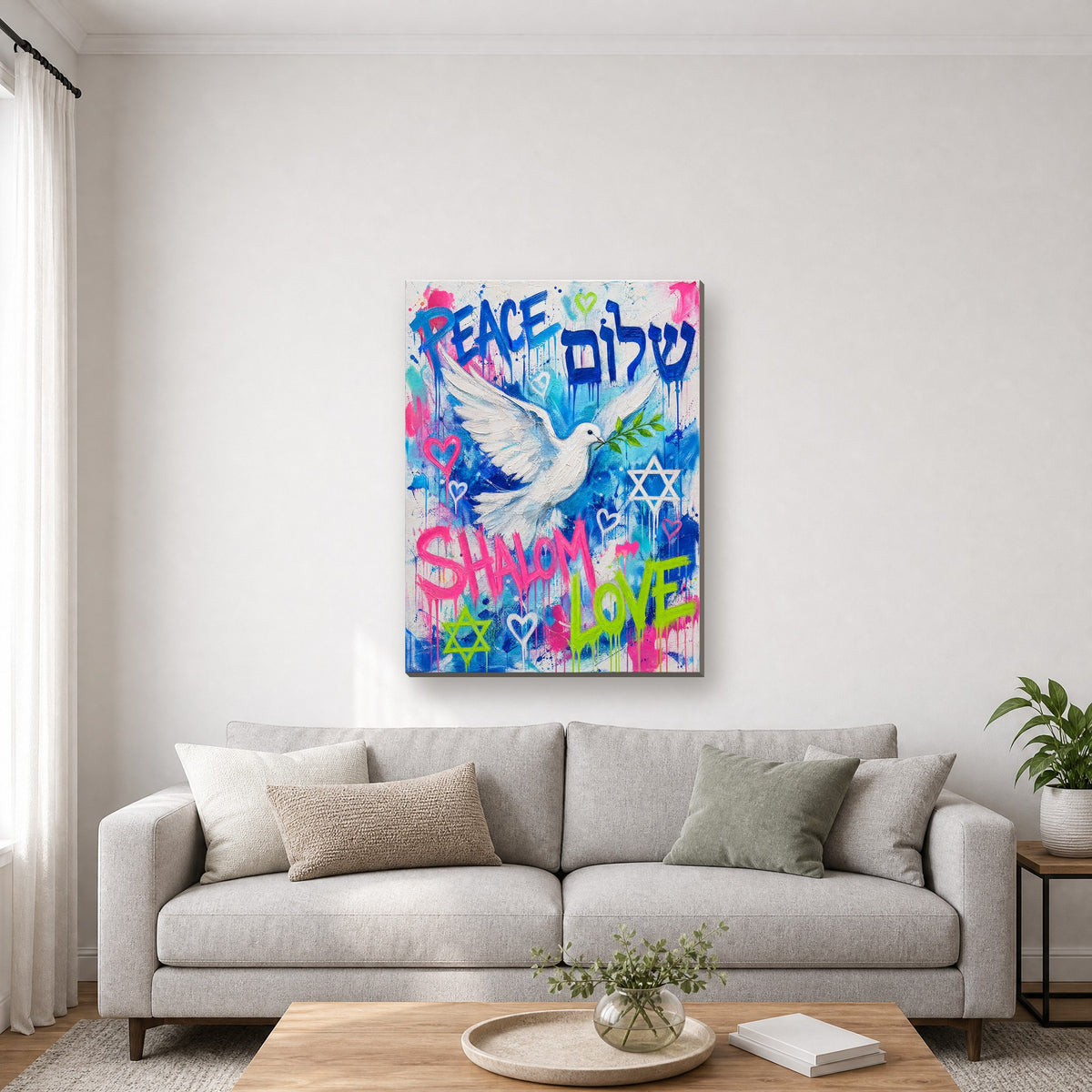 Printed on canvas, hanging on a wall