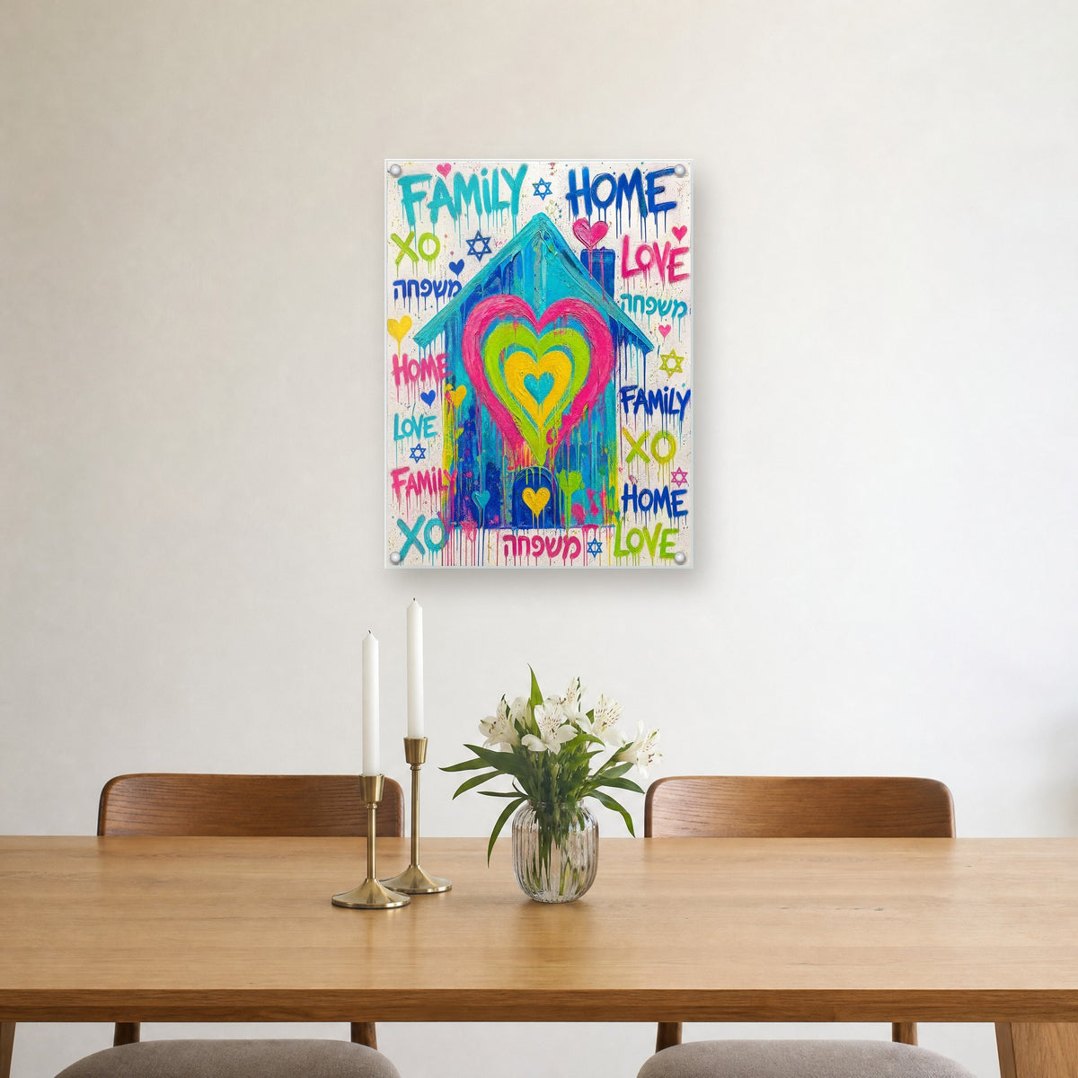Printed on glossy clear acrylic, held off the wall by a polished steel standoff in each corner