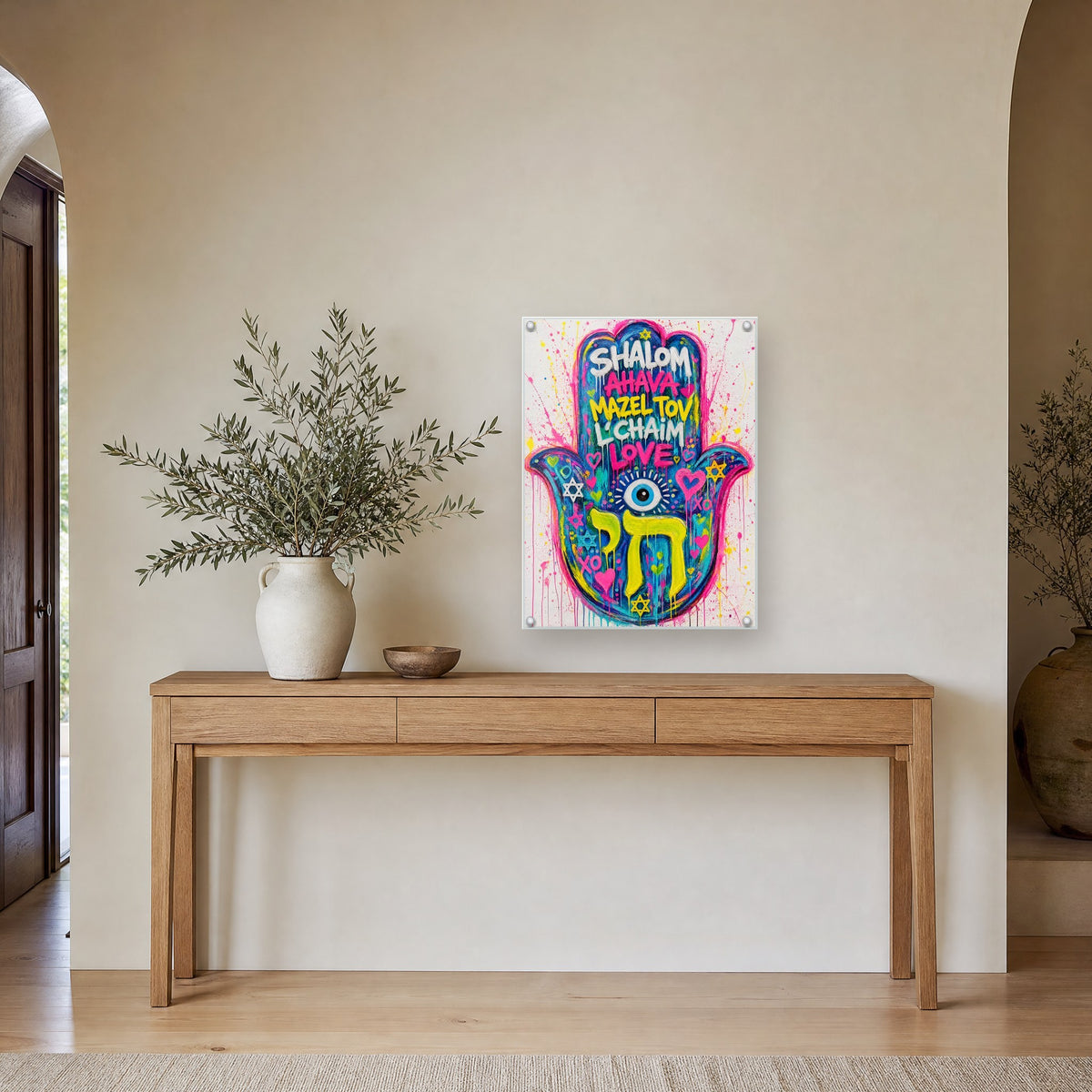 Printed on glossy clear acrylic, held off the wall by a polished steel standoff in each corner