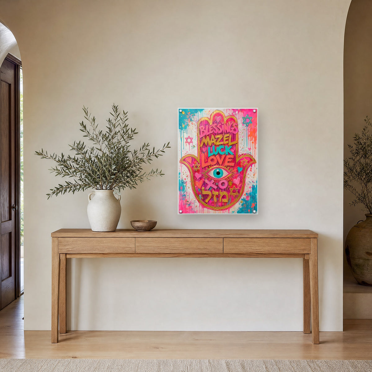 Printed on glossy clear acrylic, held off the wall by a polished steel standoff in each corner