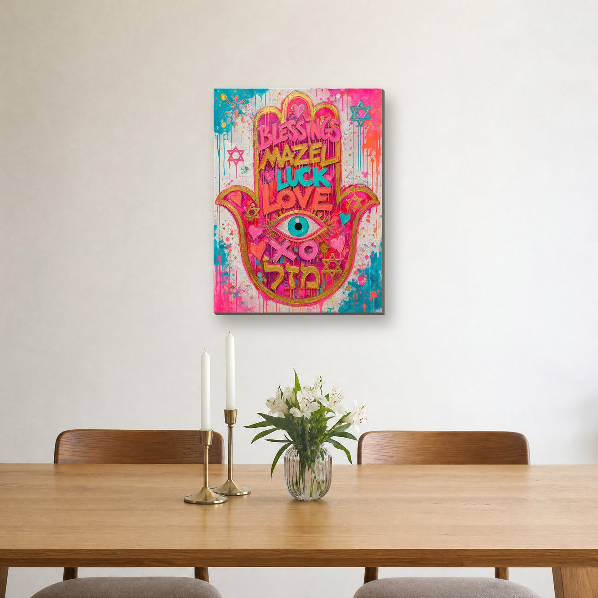 Printed on canvas, hanging on a wall