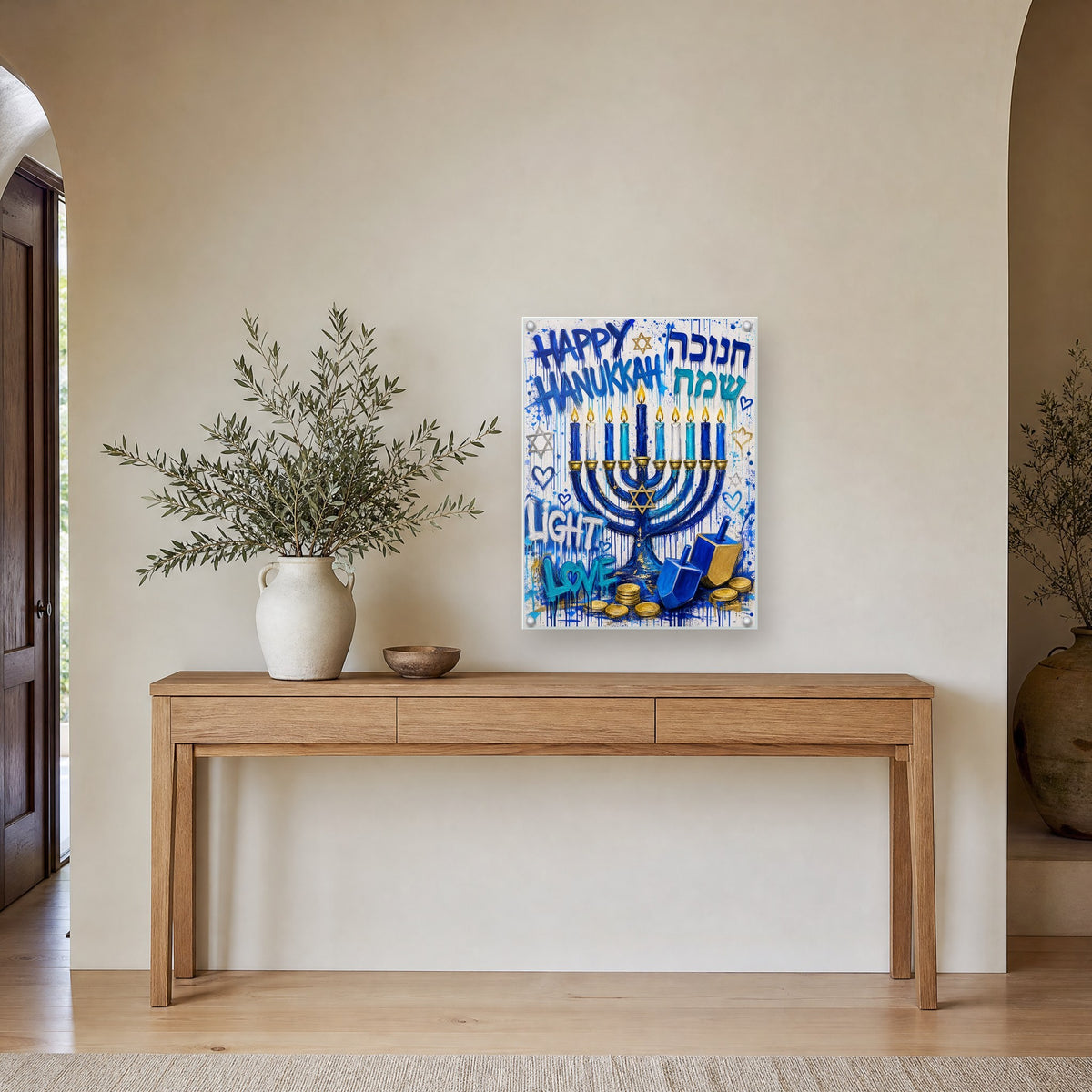 Printed on glossy clear acrylic, held off the wall by a polished steel standoff in each corner