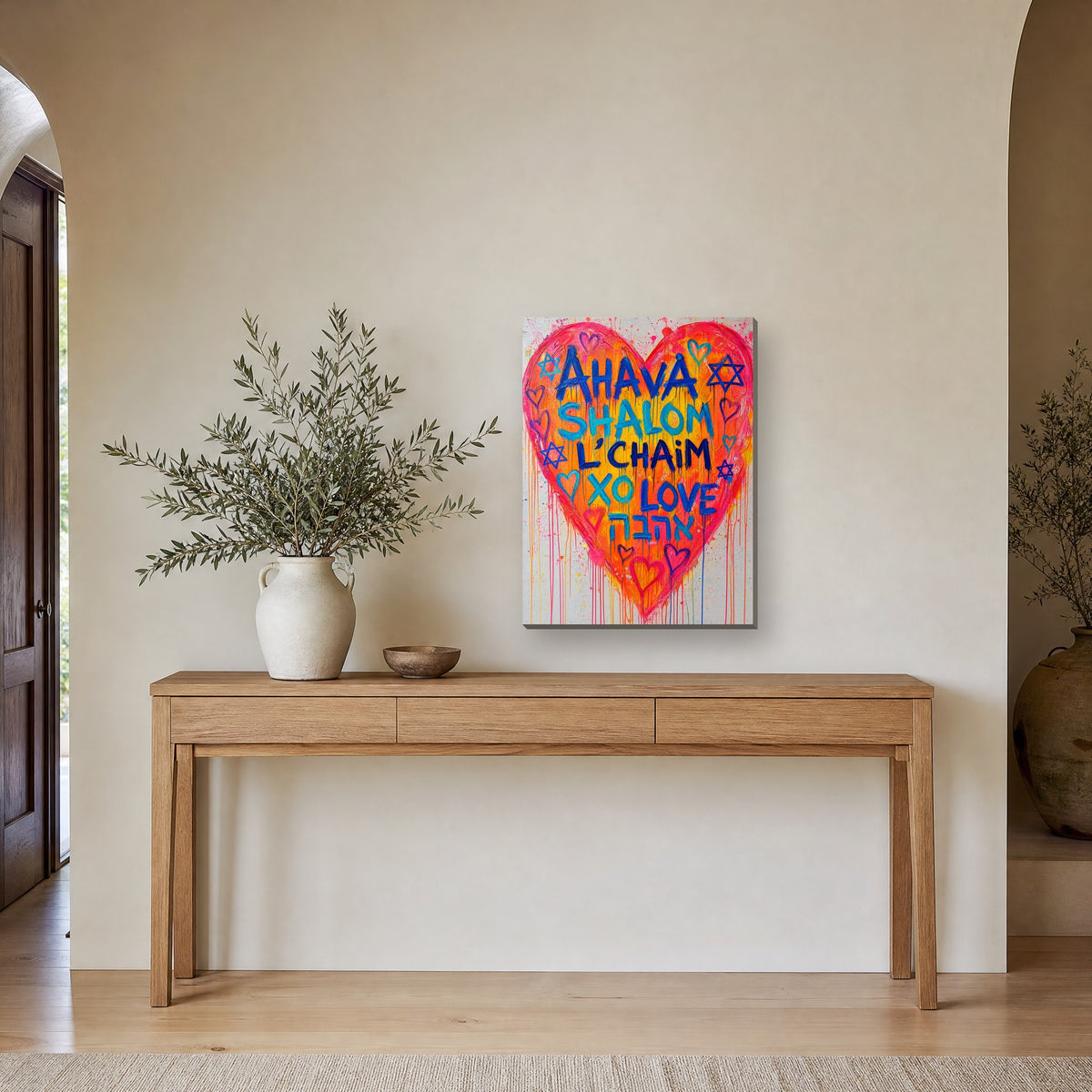 Printed on canvas, hanging on a wall