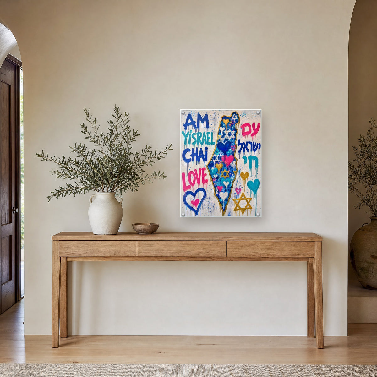 Printed on glossy clear acrylic, held off the wall by a polished steel standoff in each corner