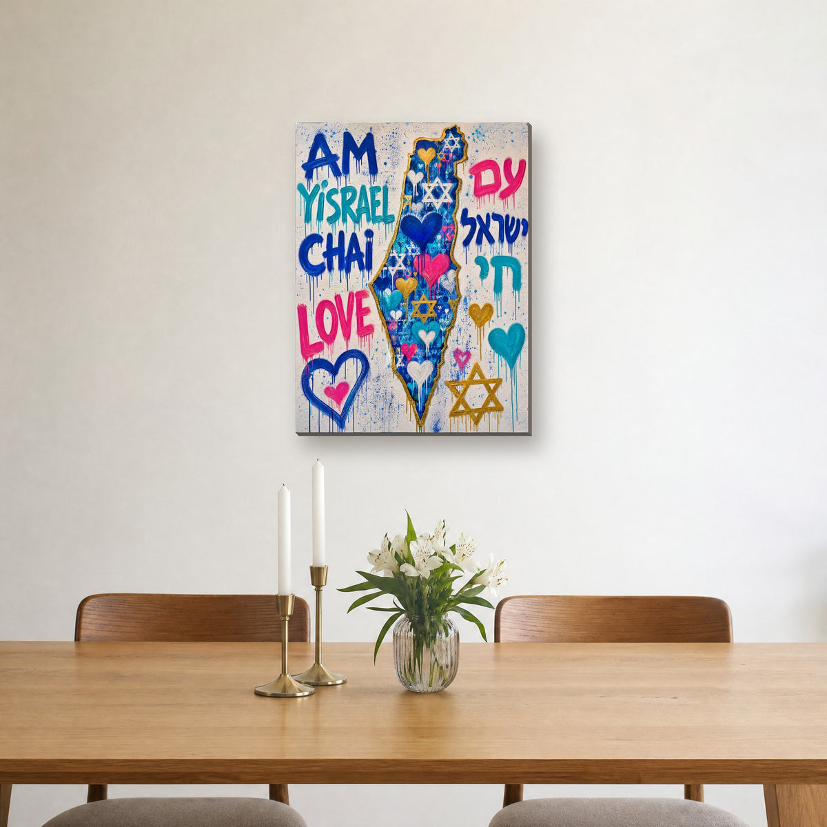 Printed on canvas, hanging on a wall