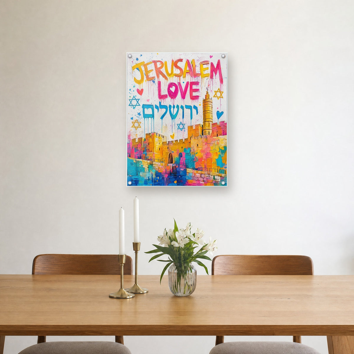 Printed on glossy clear acrylic, held off the wall by a polished steel standoff in each corner