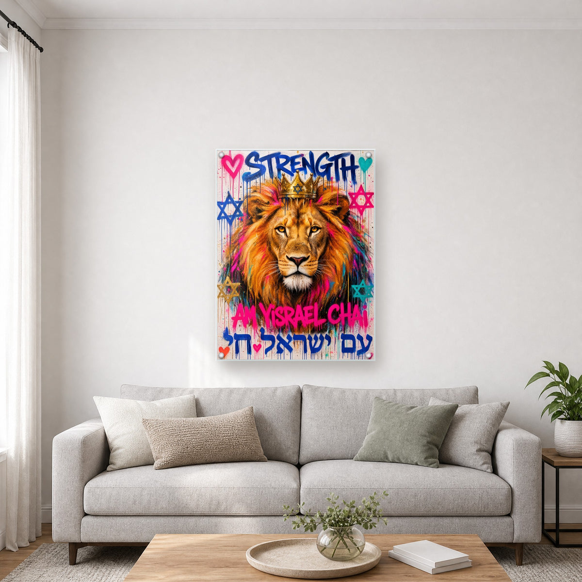 Printed on glossy clear acrylic, held off the wall by a polished steel standoff in each corner
