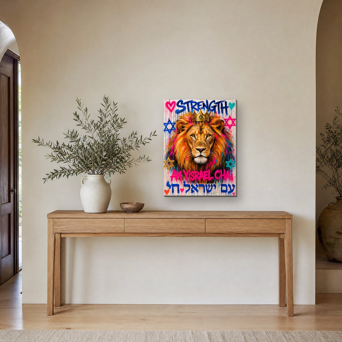Printed on canvas, hanging on a wall