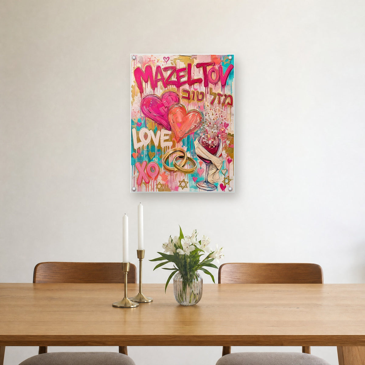 Printed on glossy clear acrylic, held off the wall by a polished steel standoff in each corner