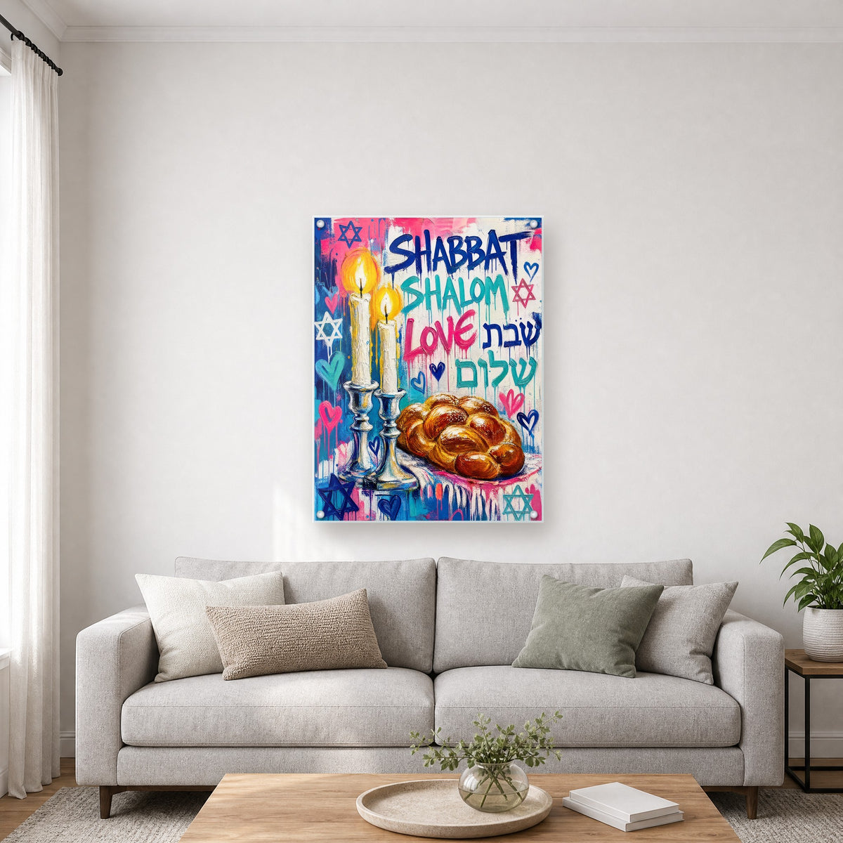 Printed on glossy clear acrylic, held off the wall by a polished steel standoff in each corner