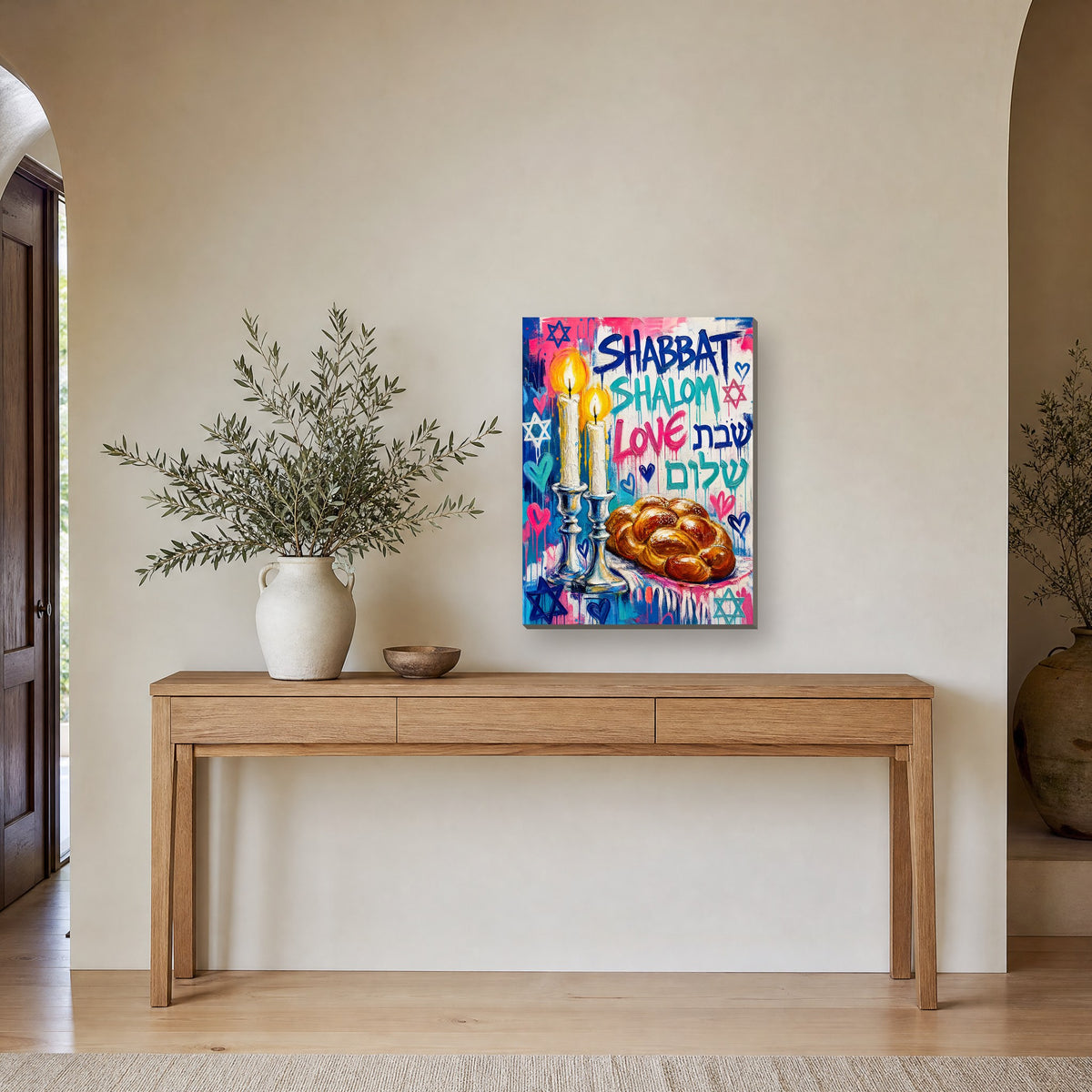 Printed on canvas, hanging on a wall