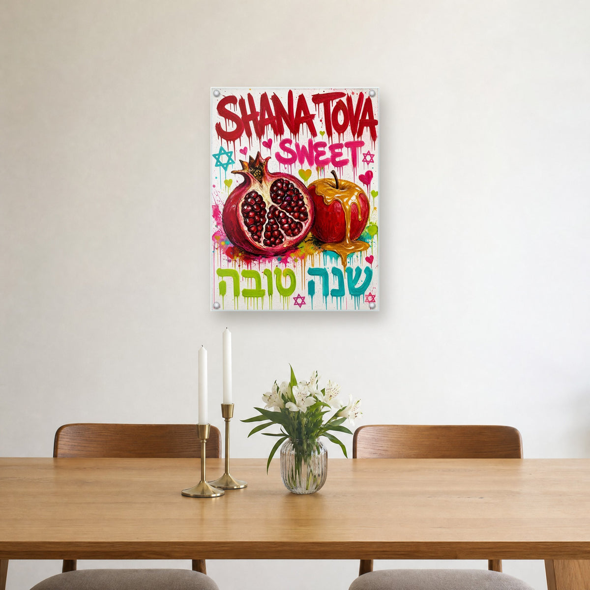 Printed on glossy clear acrylic, held off the wall by a polished steel standoff in each corner