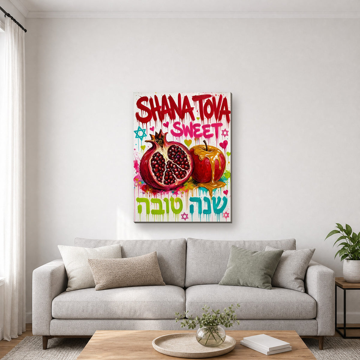 Printed on canvas, hanging on a wall