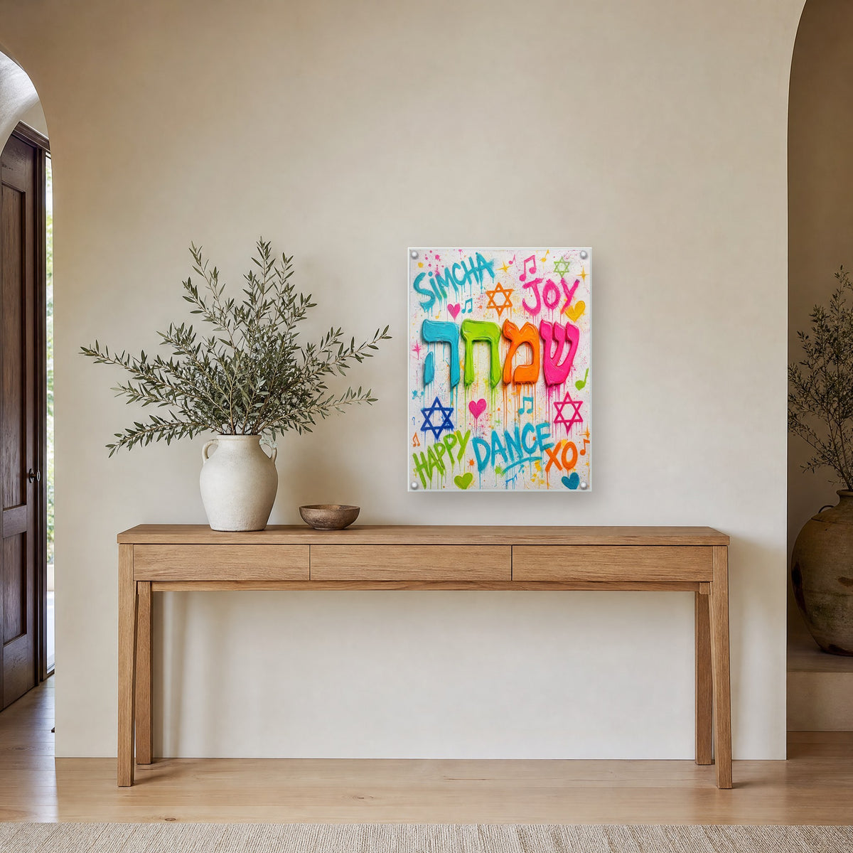 Printed on glossy clear acrylic, held off the wall by a polished steel standoff in each corner