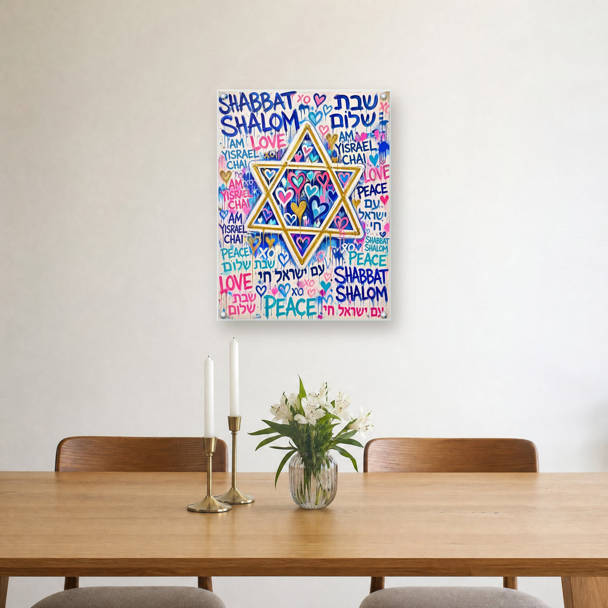 Printed on glossy clear acrylic, held off the wall by a polished steel standoff in each corner