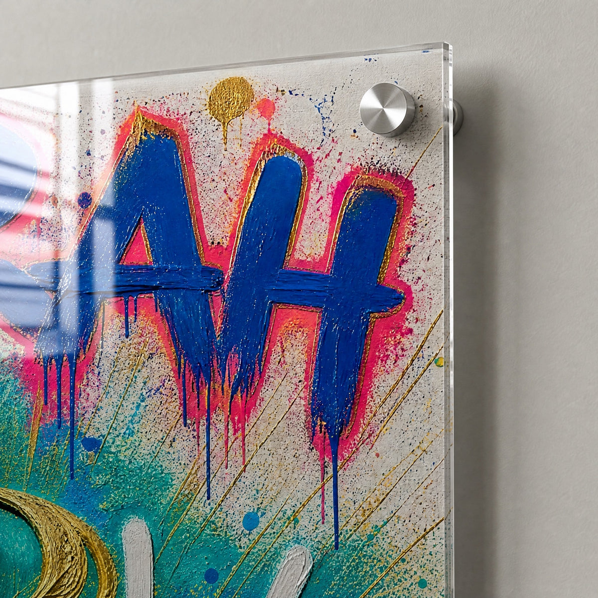 Close-up: the clear polished acrylic edge and a stainless steel standoff