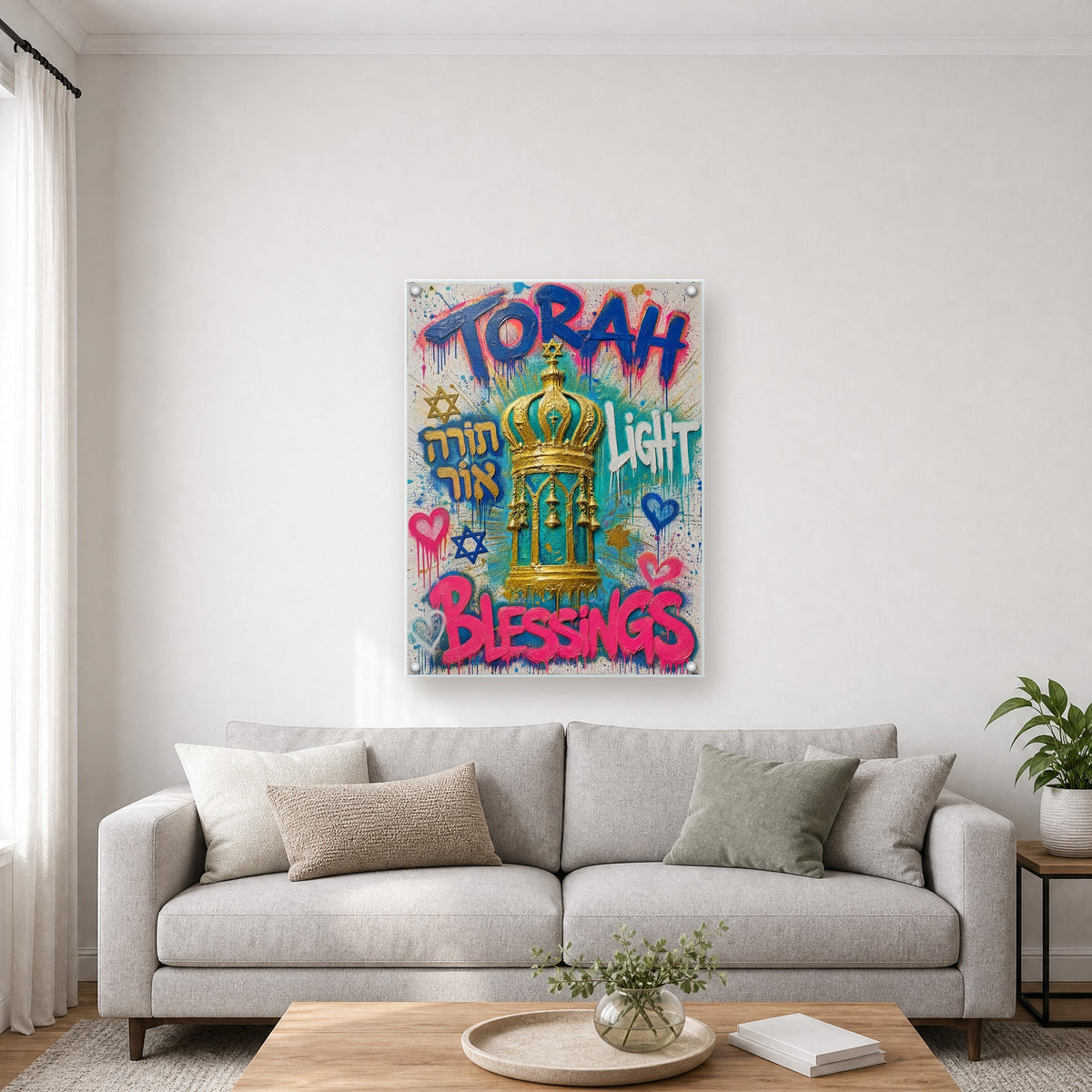 Printed on glossy clear acrylic, held off the wall by a polished steel standoff in each corner