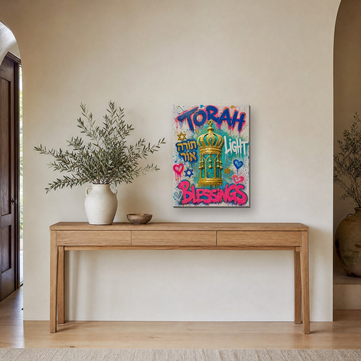 Printed on canvas, hanging on a wall