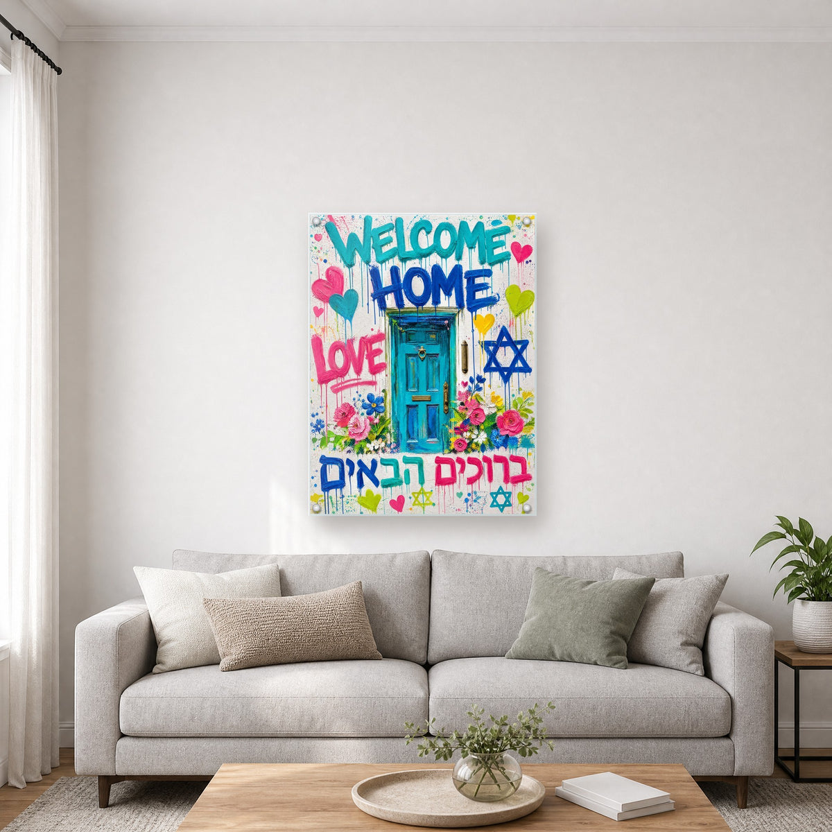 Printed on glossy clear acrylic, held off the wall by a polished steel standoff in each corner