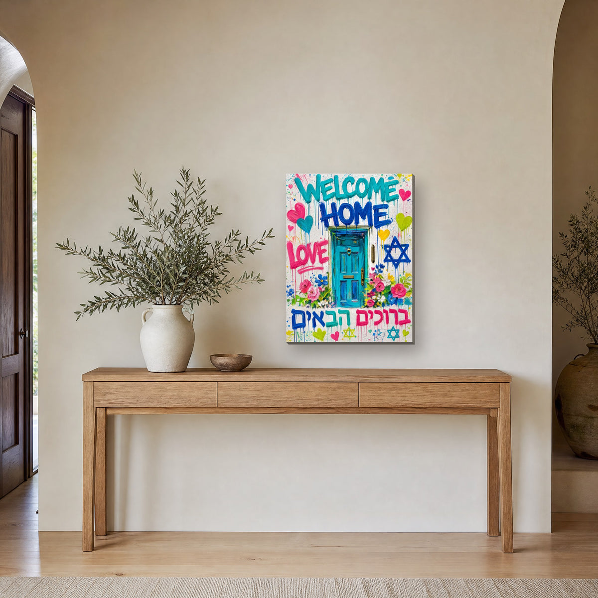 Printed on canvas, hanging on a wall