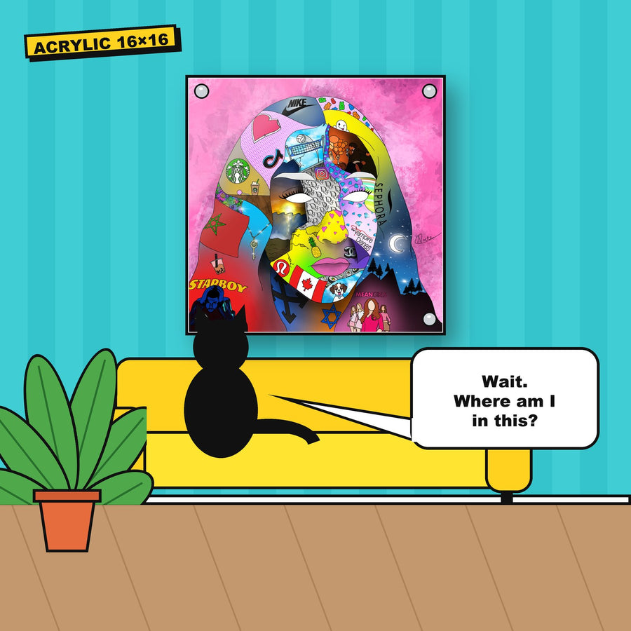 Acrylic 16×16 portrait hanging above a yellow sofa, with a cat asking where it is in the picture