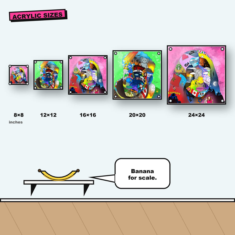 Acrylic portraits in every size from 8×8 to 24×24 inches, side by side, with a banana for scale