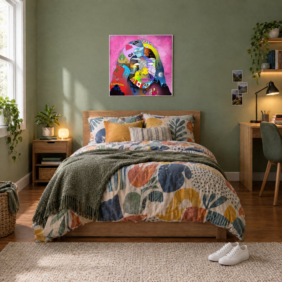 Azpect's hand-drawn portrait as an acrylic print above a bed in a teen bedroom (staged room)