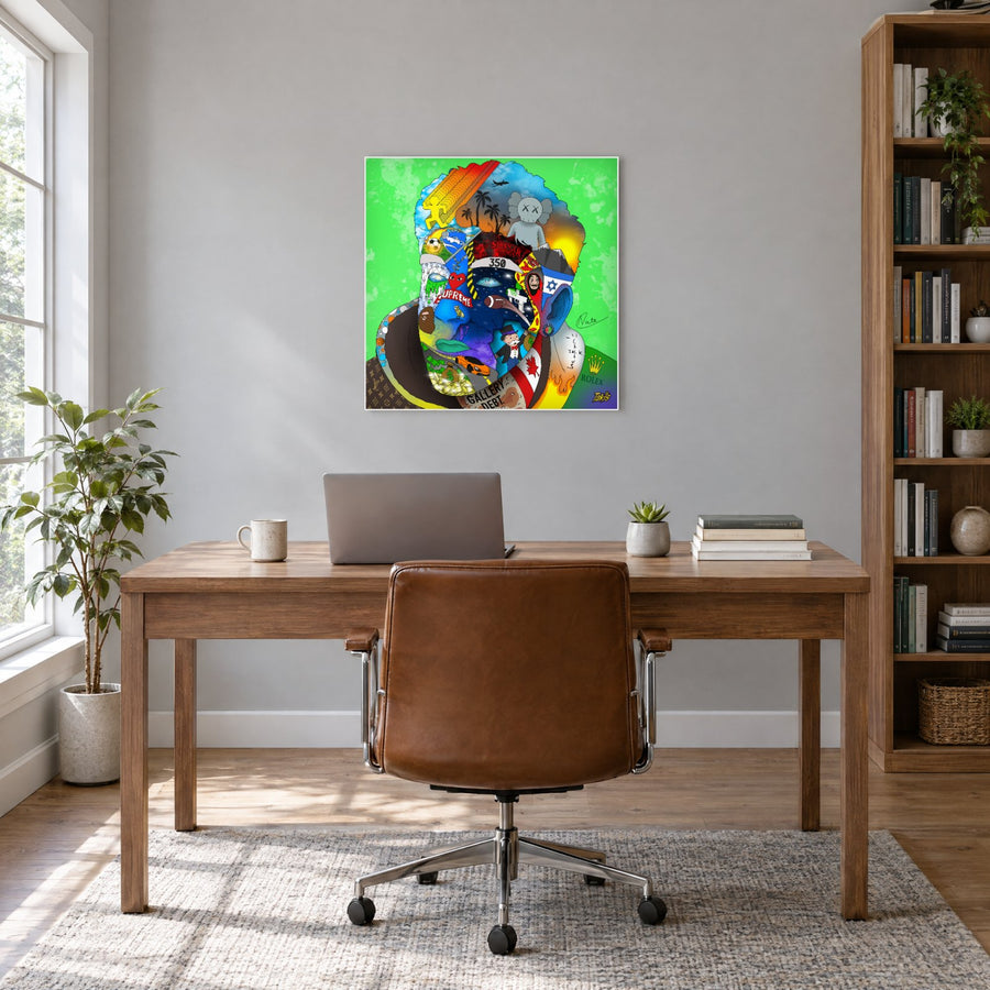 Azpect's hand-drawn portrait above a desk in a home office (staged room)