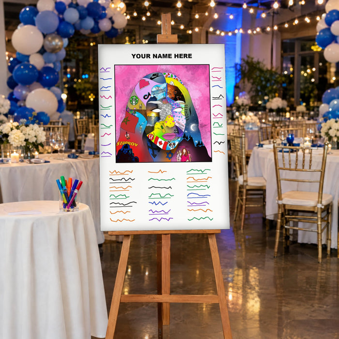 Party sign-in board with Azpect's hand-drawn portrait on an easel at the party (staged scene)